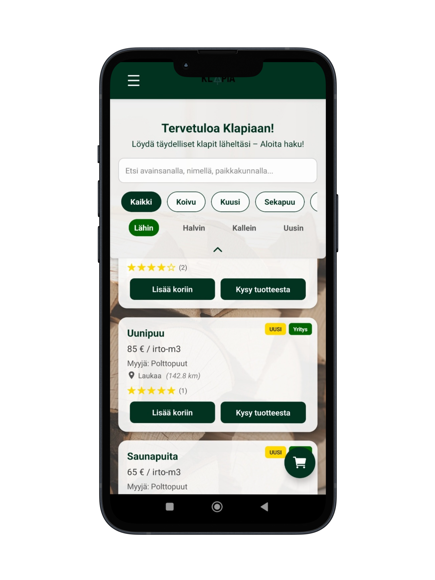 Mockup-kuva sovelluksen selausnäkymästä